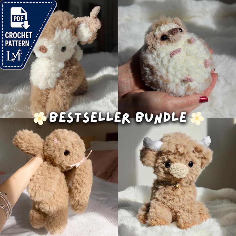 Crochet PDF Pattern Bestseller Bundle | Crochet Deer, Highland Cow, Hedgehog & Floppy Bunny Amigurumi Patterns